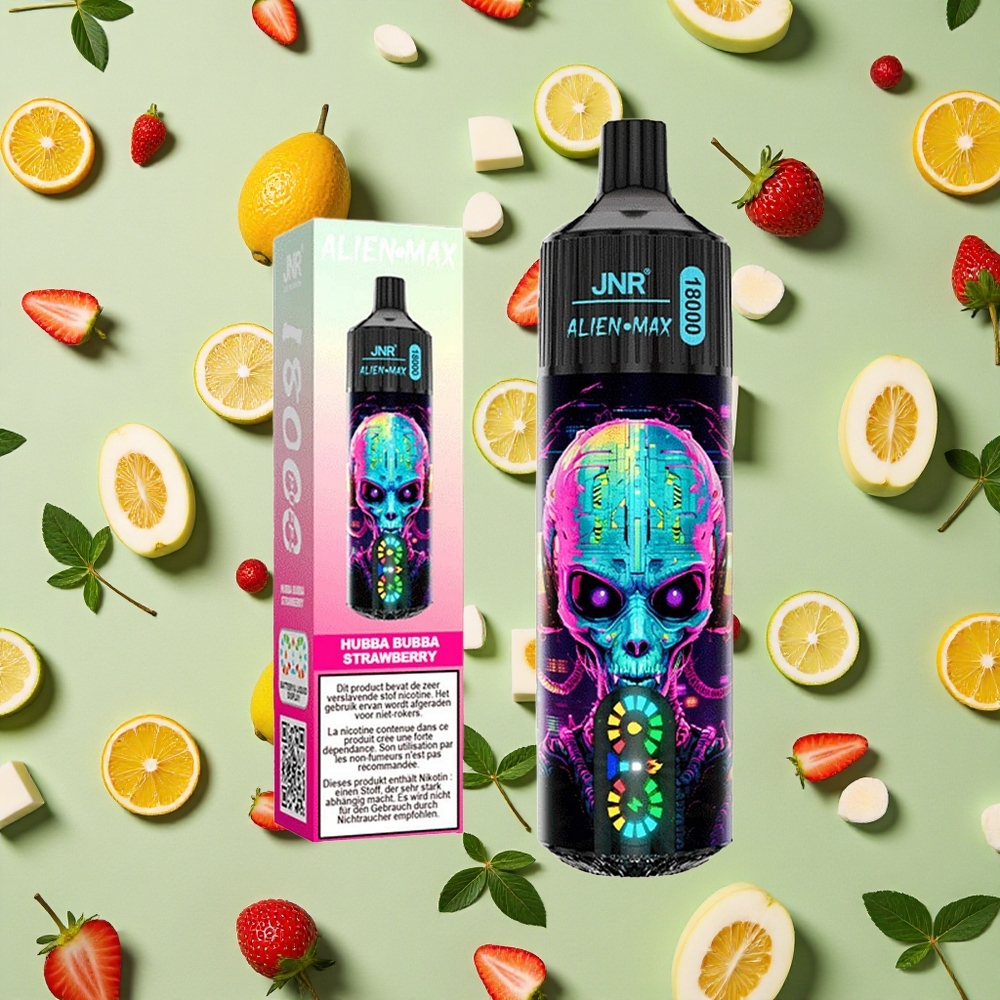 JNR Alien Max 18000 Puffs Morango Hubba Bubba Bobina de Malha Dupla 28ml E-líquido