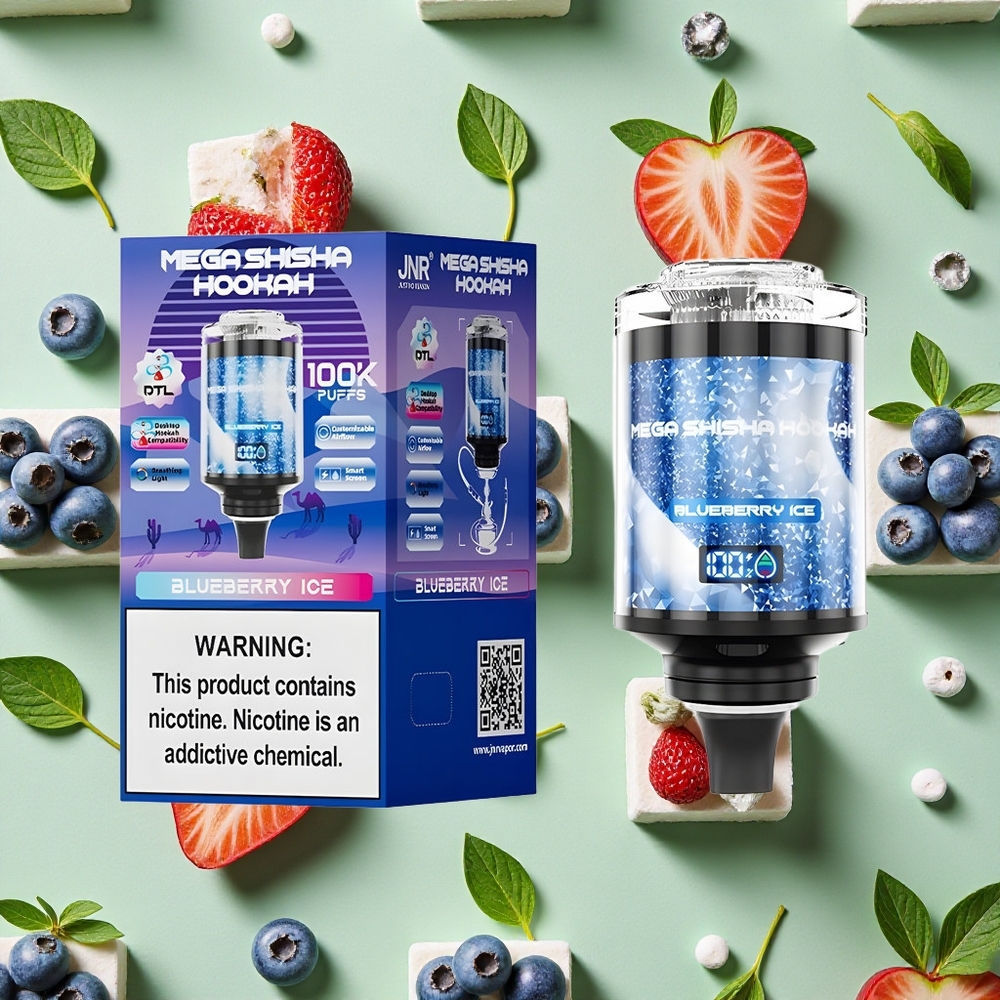 JNR Mega Shisha Hookah 100K Tela Interativa 2 Nicotina Mirtilo Gelo