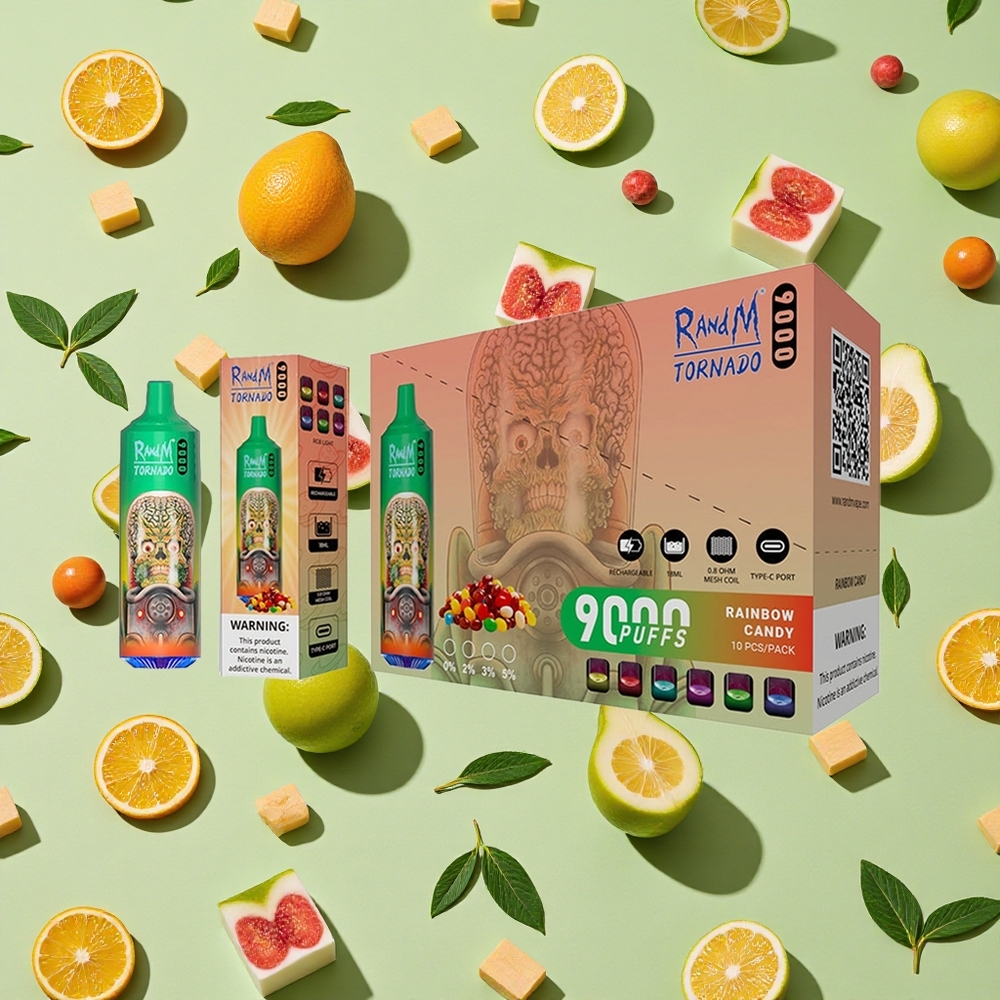 RandM Fumot Tornado 9000 Puffs 18 ml E-líquido Doces Arco-Íris Vape descartável