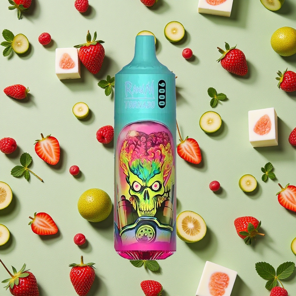 RandM Fumot Tornado 9000 Puffs Morango Framboesa Vape descartável 18 ml E-líquido Bobina de Malha