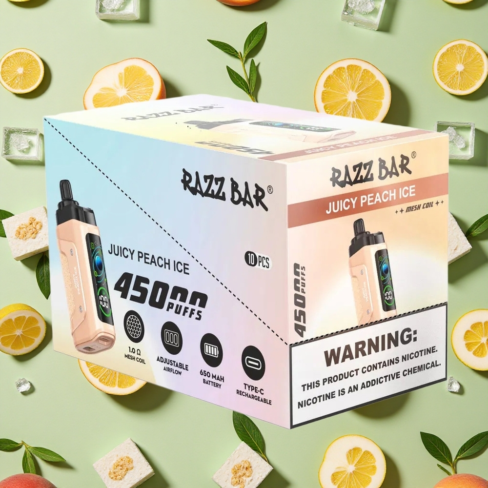 Razz Bar 45000 Puffs Pêssego Suculento Gelo Vape descartável Malha 10 Ohm