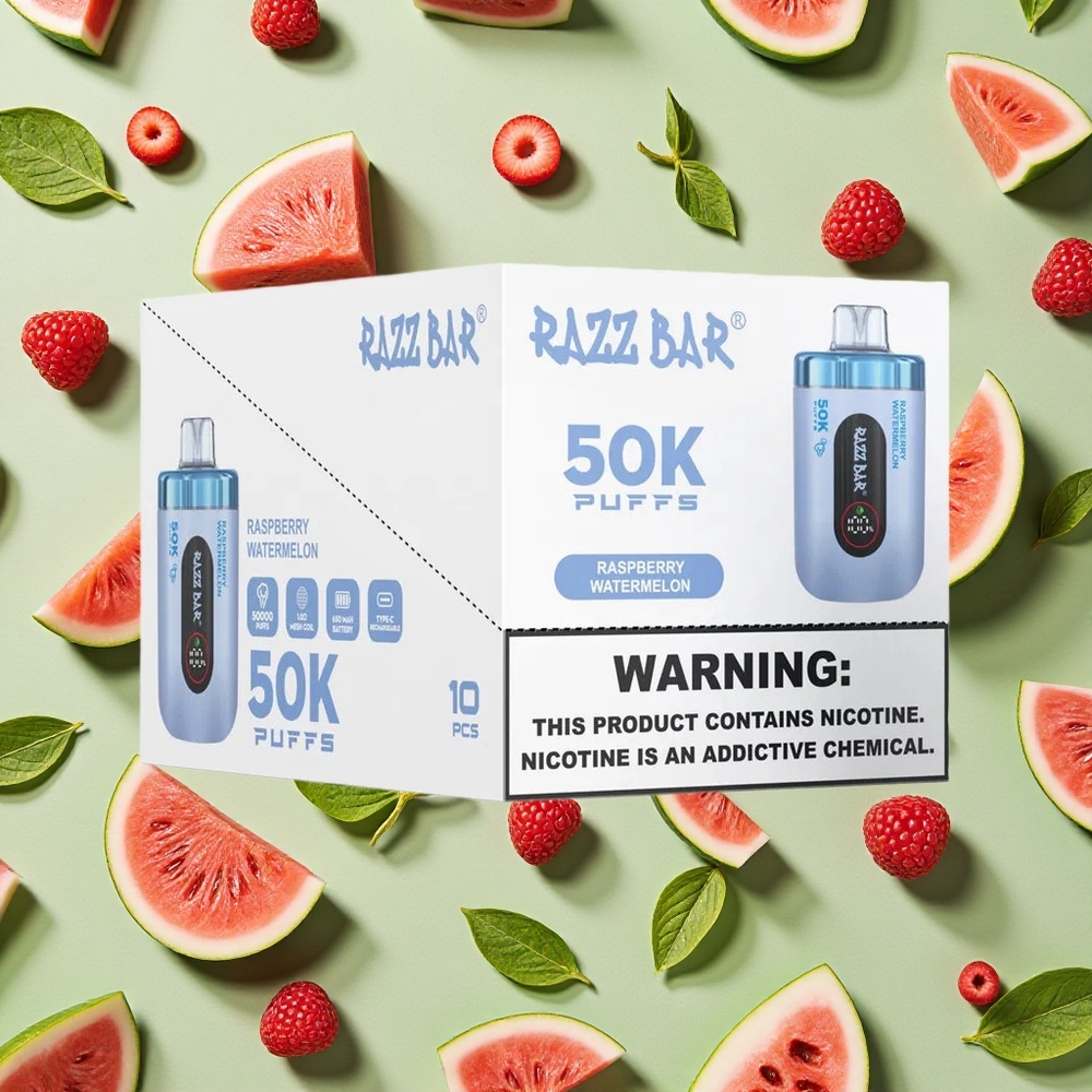 Razz Bar 50K Puffs Framboesa Melancia 10 Ohm Bobina de Malha 650 Mah Bateria