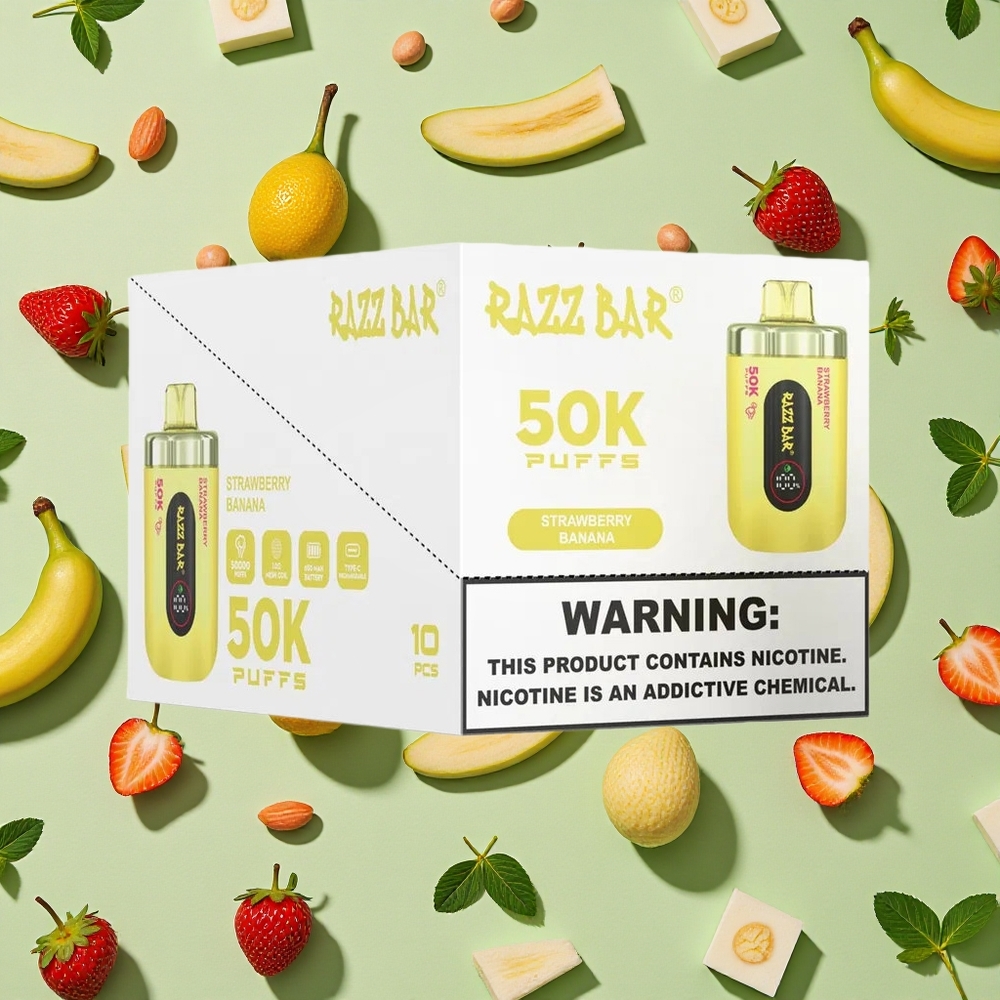 Razz Bar 50K Puffs Morango Banana 10 Ohm Bobina de Malha 650 Mah Bateria