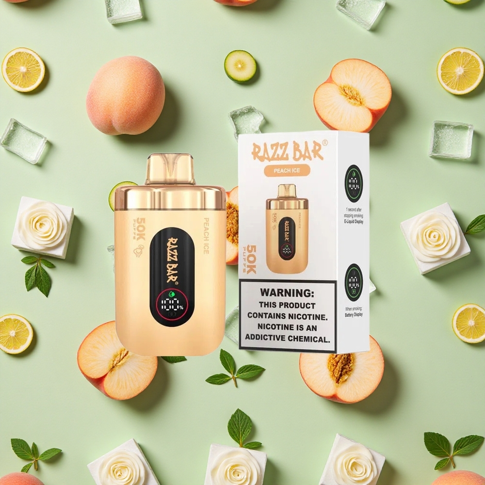 Razz Bar 50K Puffs Pêssego Gelo Vape descartável 10 Ohm Mesh 2 Nic